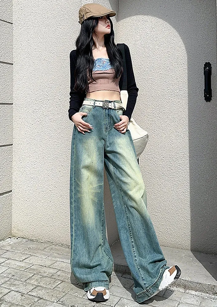 Retro Blue High-waisted Wide Leg Washed-effect Jeans