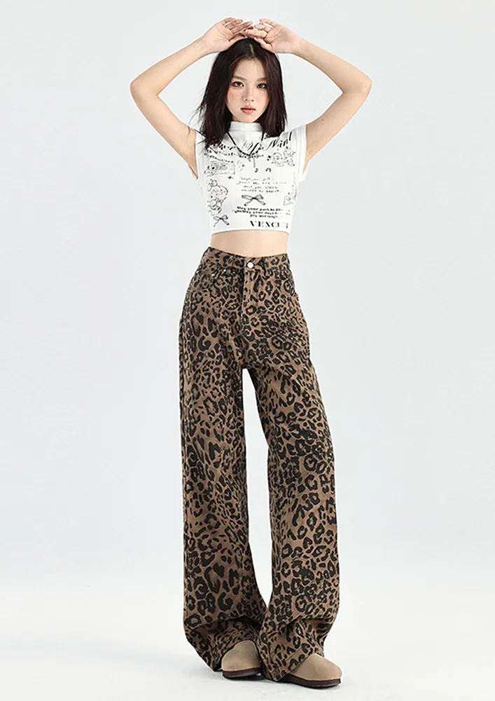 Brown Animal Print Mopping Jeans