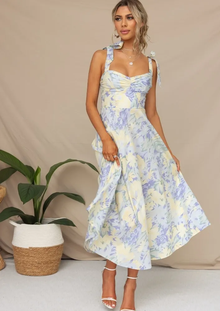 Blue Floral Print Midi Dress