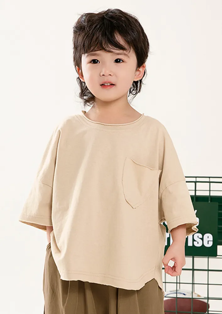 Beige Drop-shoulder Sleeve Boys T-shirt