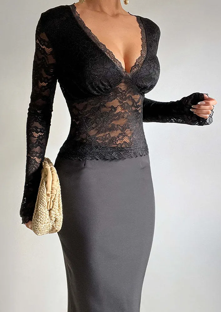 V-neck Sheer Lace Fitted Black Top