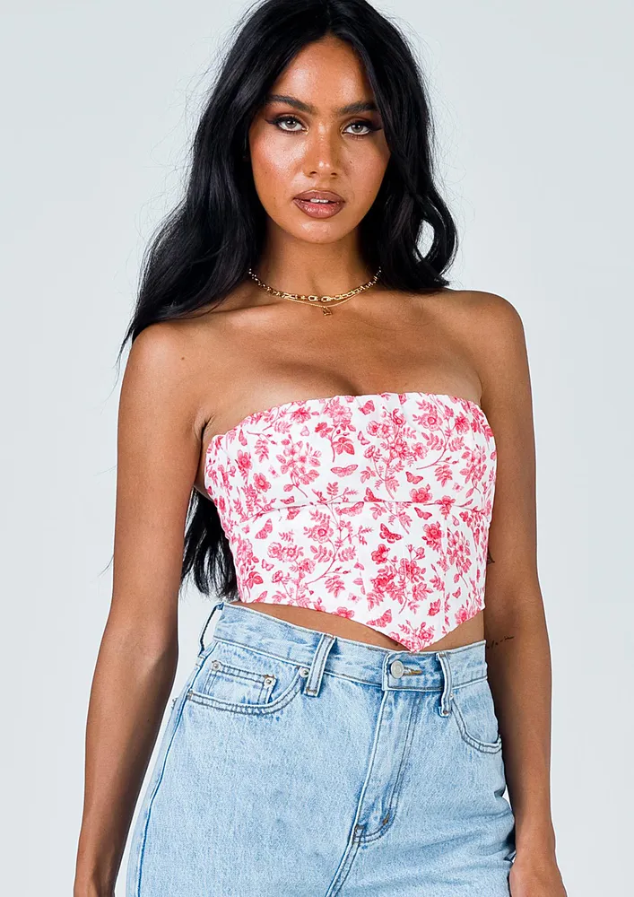 Motif Print Pink Cropped Tube Top