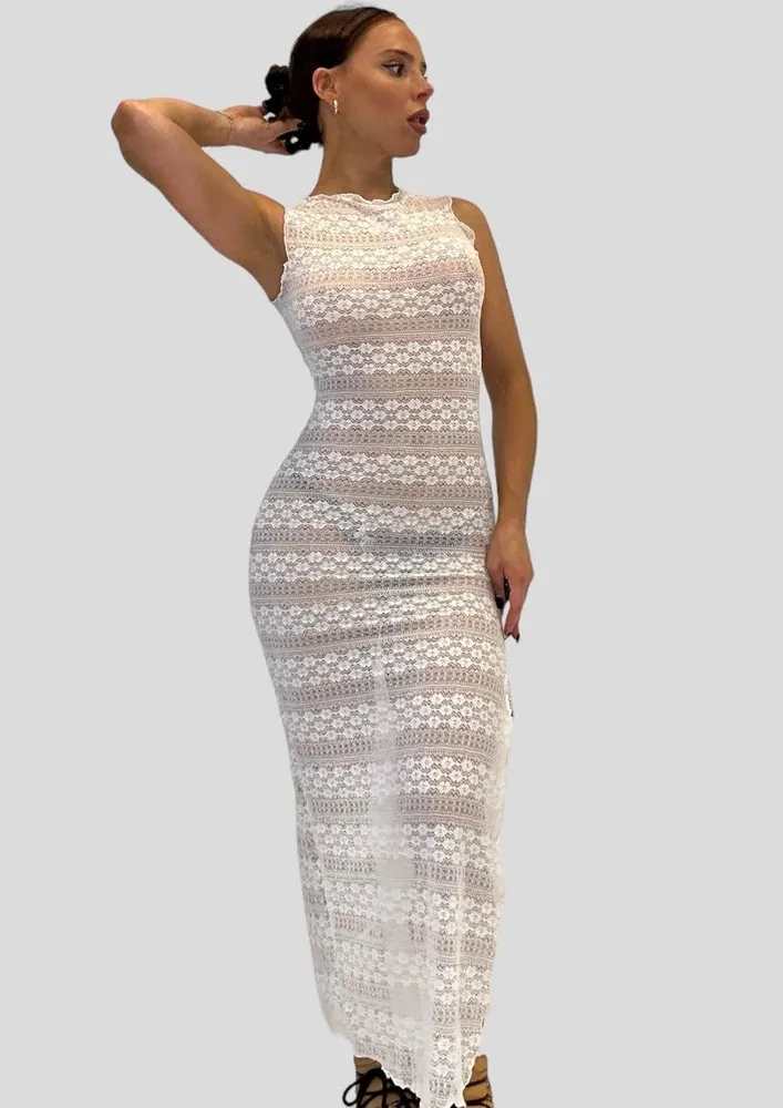 White Side Slit Lace Maxi Dress