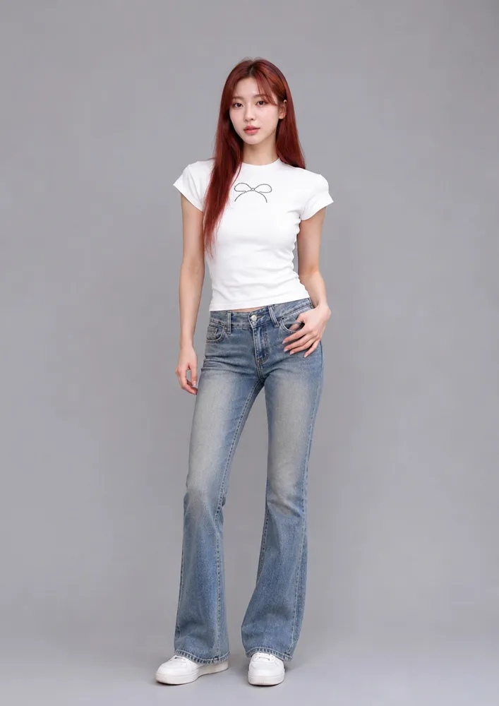 White Bow Accent Crew Neck Tee