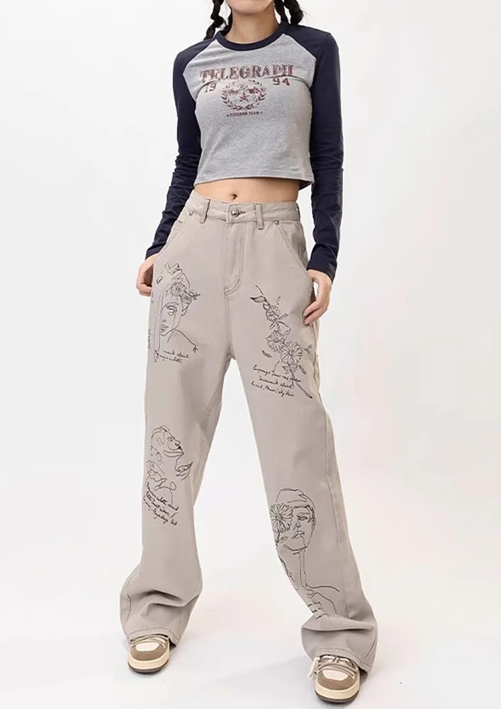 White Grey Graphic Pattern Jeans