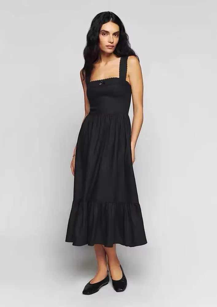 Black Flounce Hem Mid-length Dress