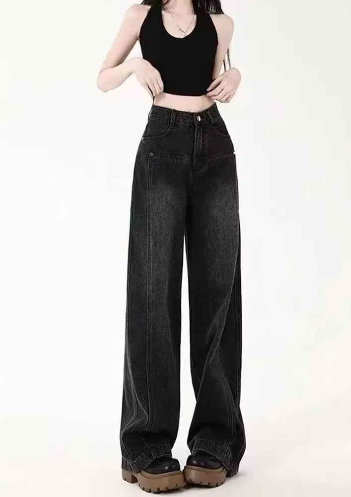 Black Faded-effect High-rise Straight Jeans