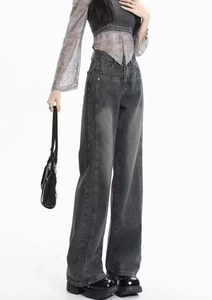 Faded-effect High-rise Straight Jeans