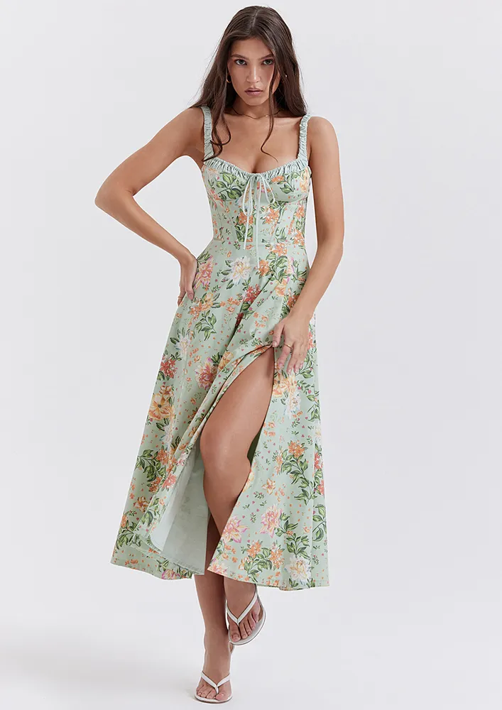 Corset Fit Printed Green Midi Dress