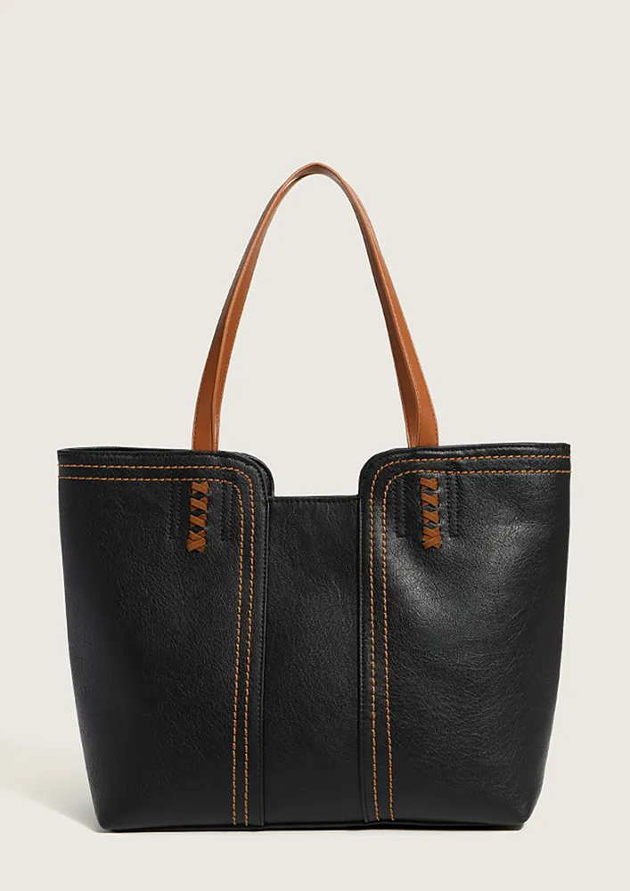 BLACK CONTRAST GEOMETRIC TOTE BAG