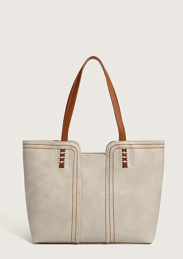 CONTRAST GEOMETRIC KHAKI TOTE BAG