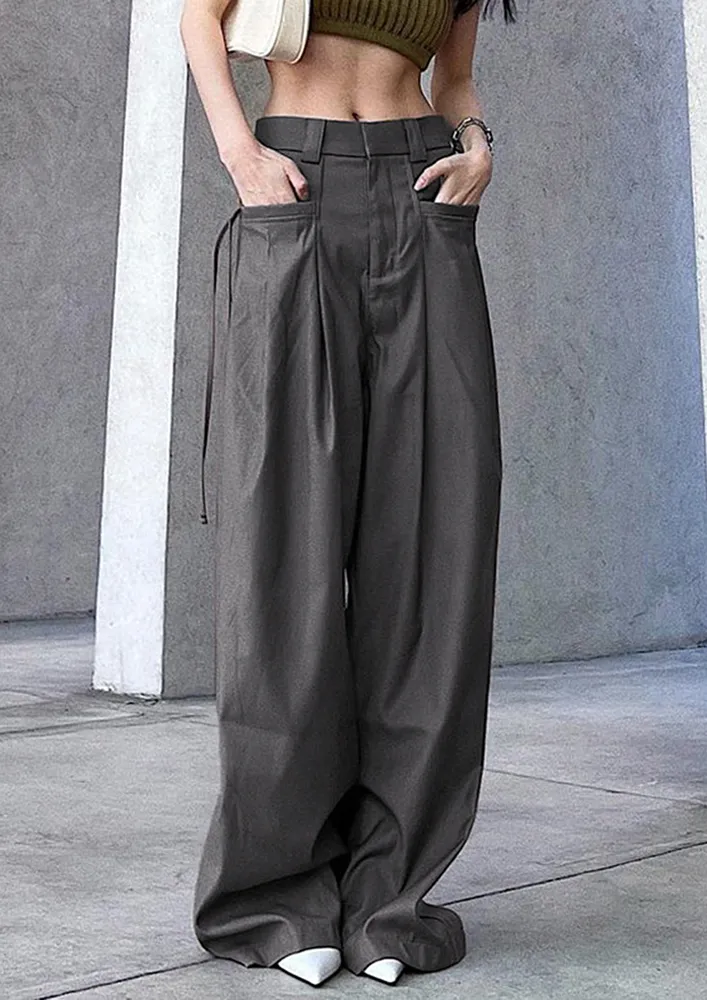 Grey Kick-pleats Wide Trousers