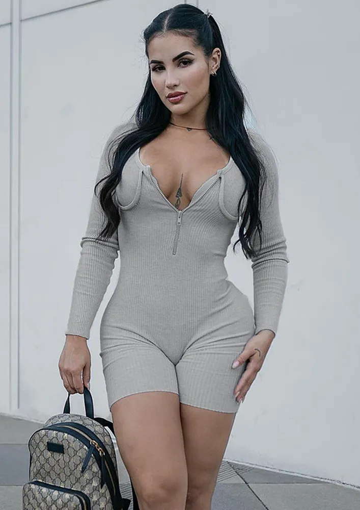 RIB-KNIT HALF-ZIPPER GREY PLAYSUIT