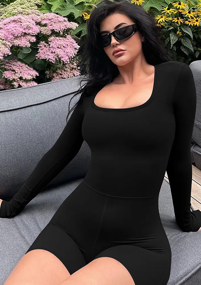 BLACK CUT-OUT U-NECK SEAMLESS PLAYSUIT