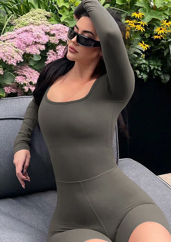 GREY CUT-OUT U-NECK SEAMLESS PLAYSUIT