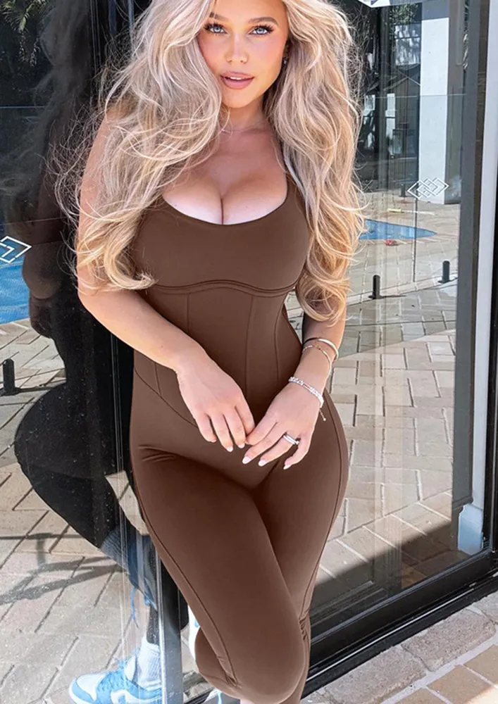 Brown Halter Strap Backless Slim Jumpsuit