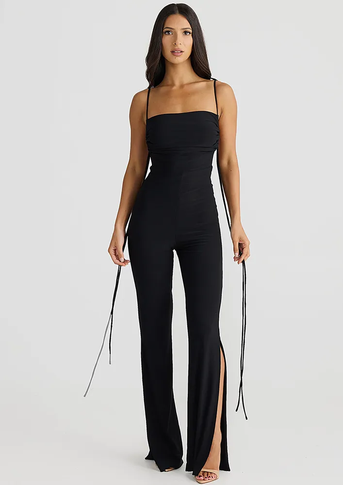 Black Backless Asymmetrical Flare Jumpsuit