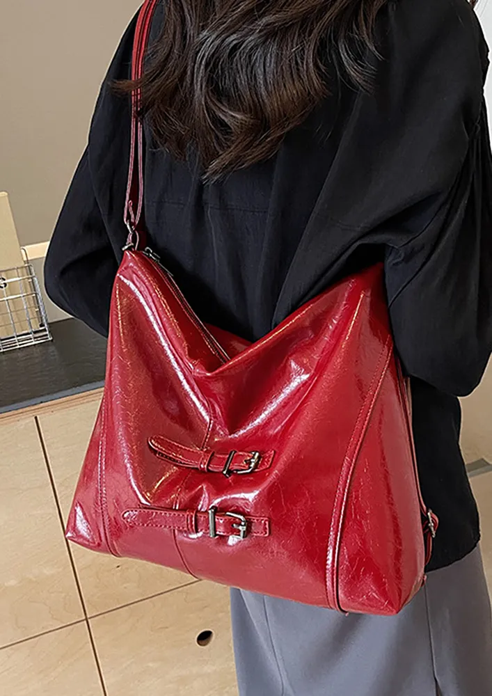 RED BUCKLE-DETAIL CONVERTIBLE TOTE BAG