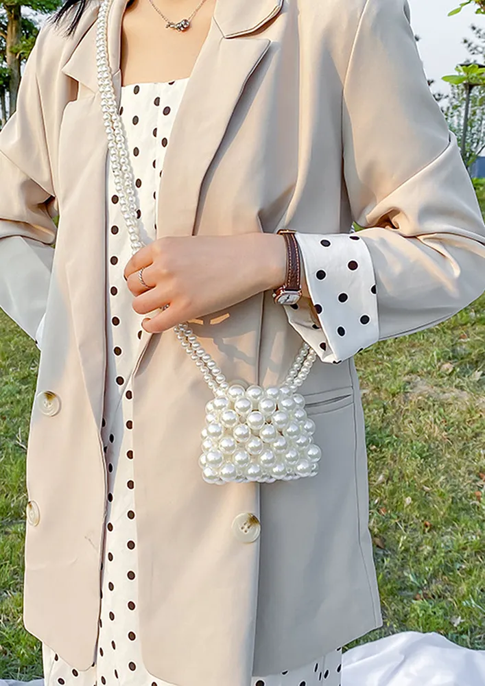 WHITE ACRYLIC PEARL BEADS CROSSBODY BAG