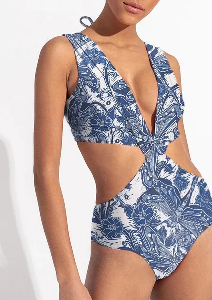 Printed Blue Cut-out Detail Swimsuit