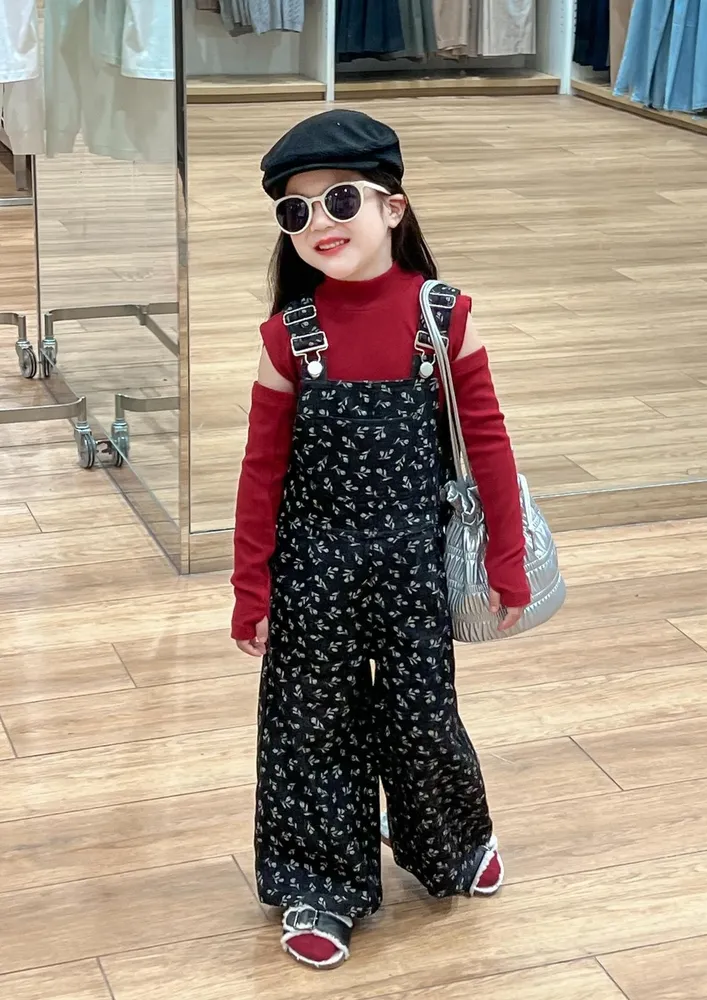 Blue Ditsy Print Girls Dungaree