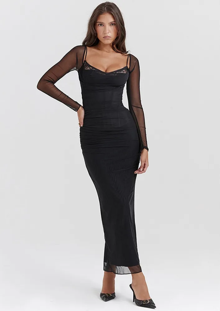 Black Long Bodycon Stylised Neckline Dress