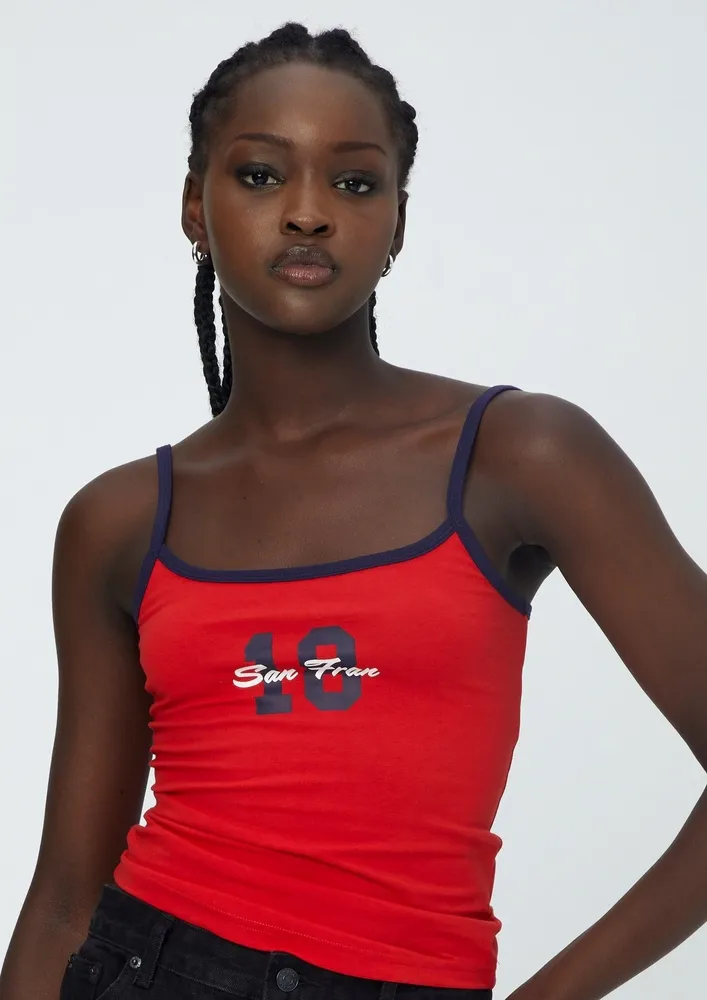 Red Typographic Strappy Cami Top