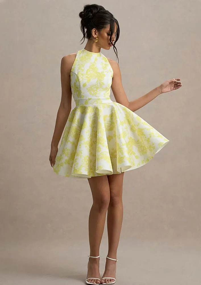 Backless Yellow Floral Print Skater Dress