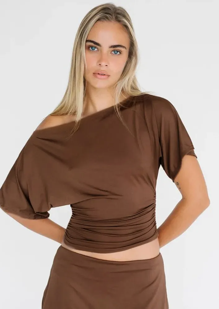 Brown Asymmetrical Ruched Top