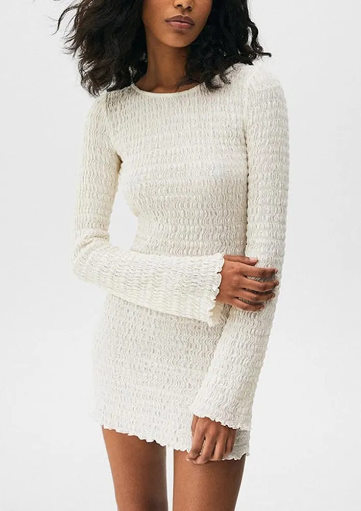 White Tie-up Backless Textured Dress