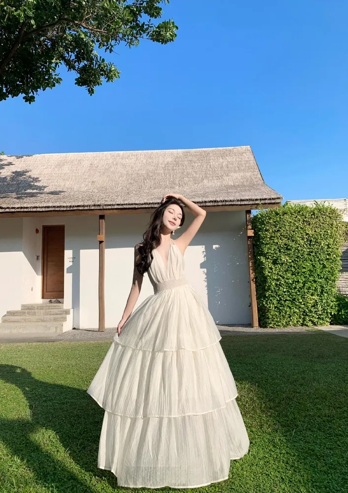 Off-white Backless Tiered Dress