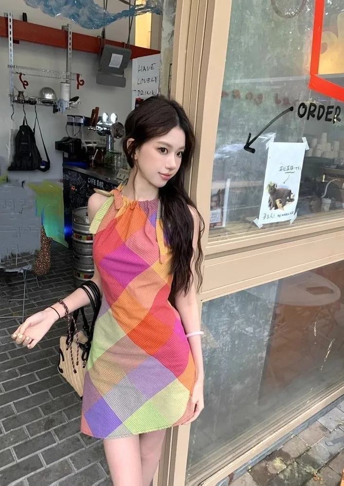 Multicolor Harlequin Check Print Mini Dress