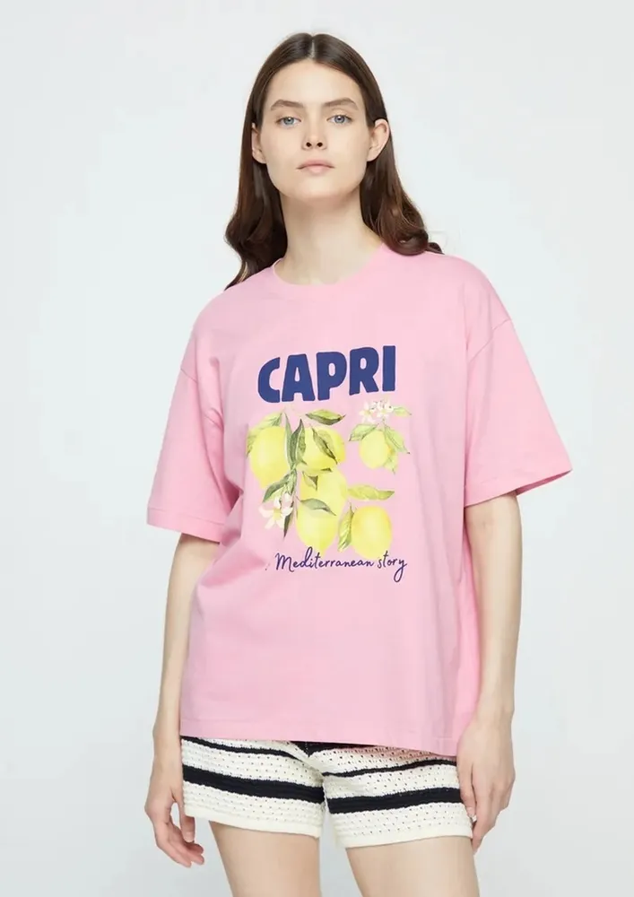 Pink Drop-shoulder Graphic Print T-shirt
