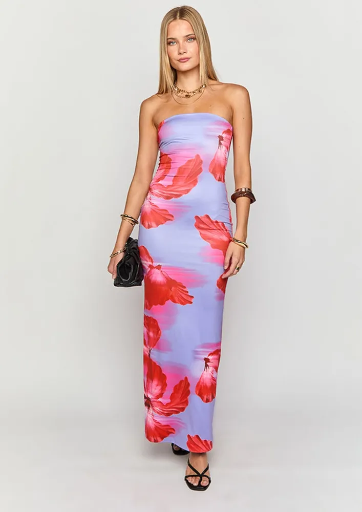 Blue Floral Print Strapless Dress