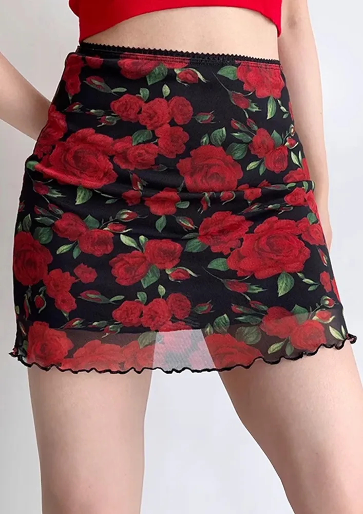 Red Floral Print Short Skirt