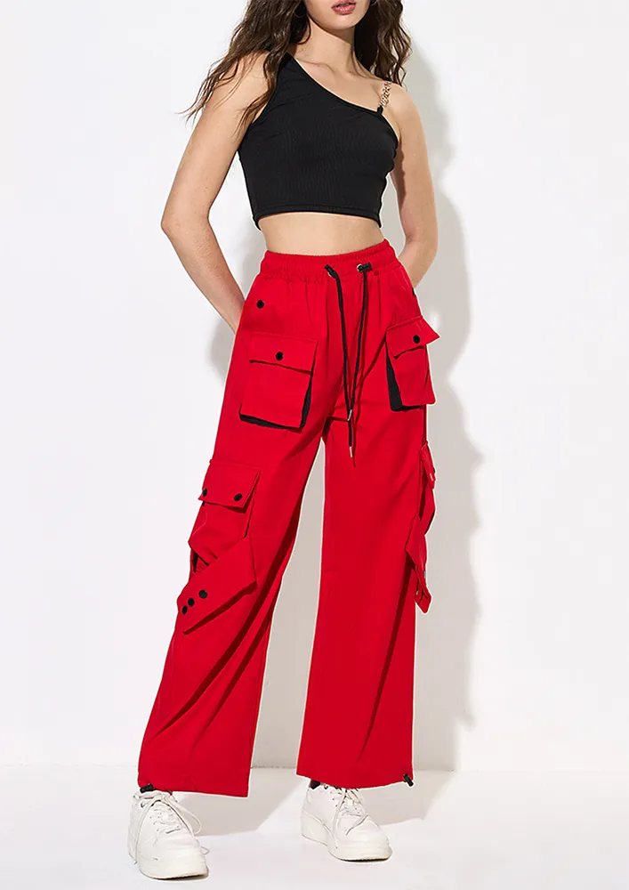 Red Multi-pockets Straight Pants