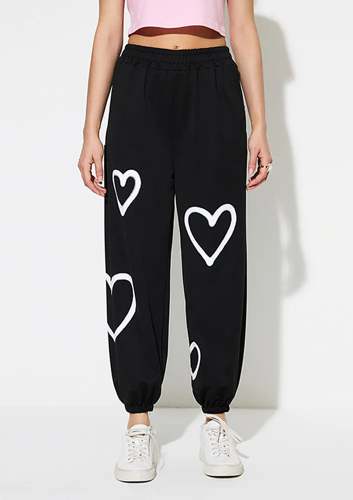 Black Heart Motifs Polyester-blend Joggers