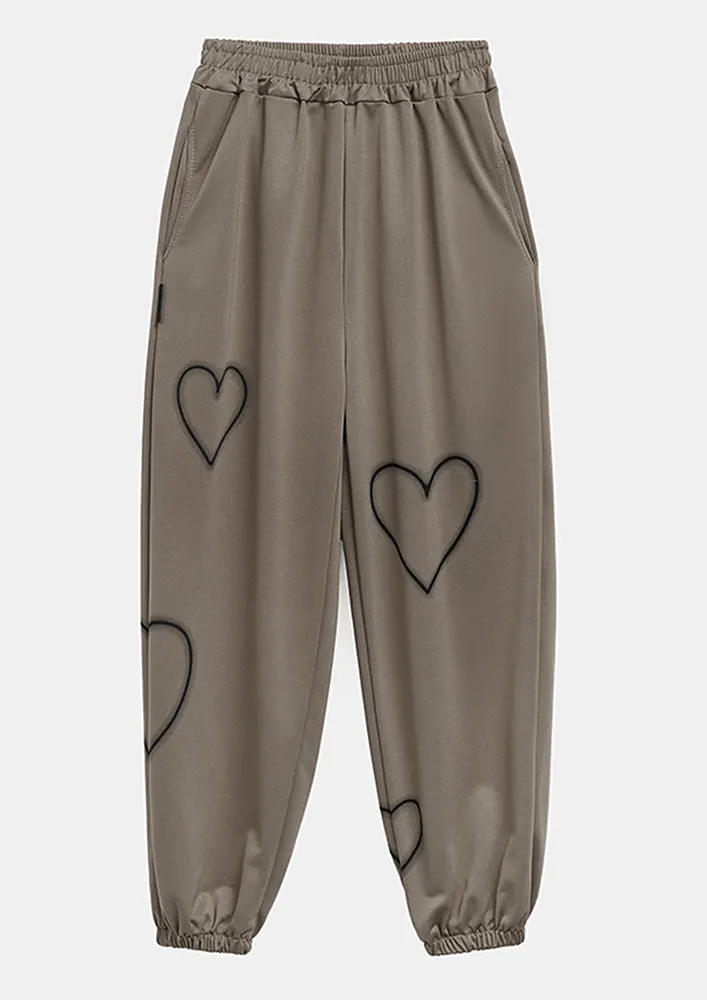 Khaki Heart Motifs Polyester-blend Joggers