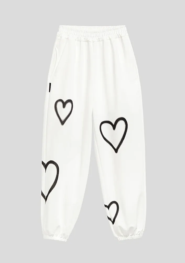 White Heart Motifs Polyester-blend Joggers