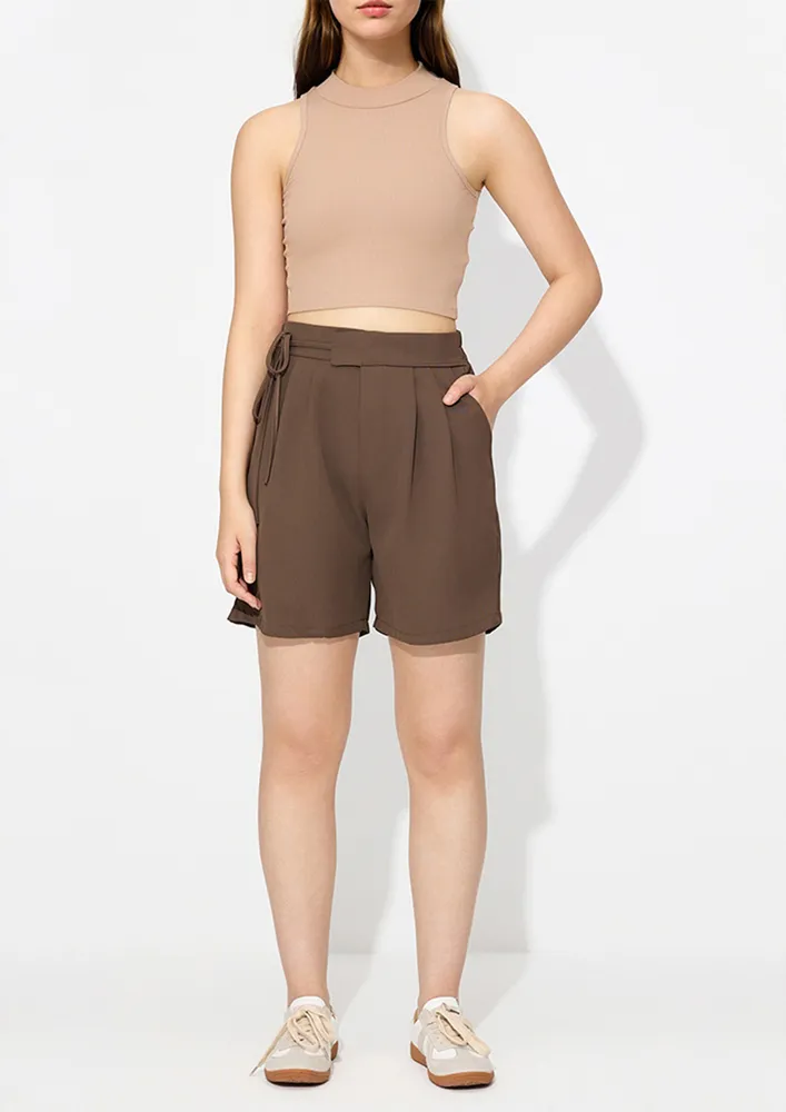 Brown Tie-up Drawstring Straight Shorts