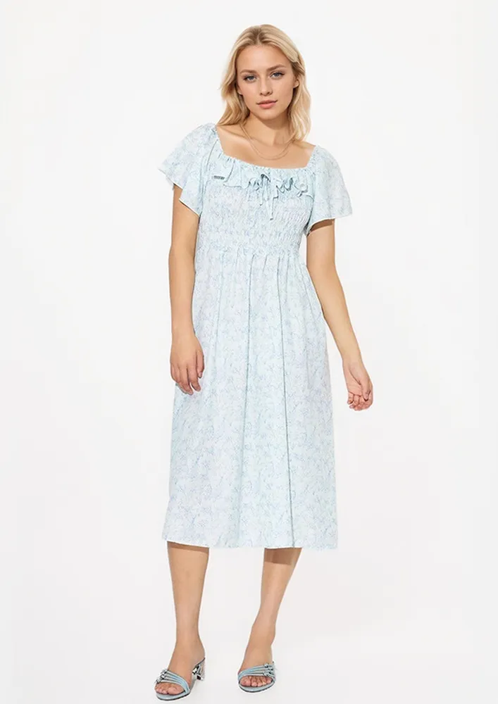 Blue Floral Print Smocked Midi Dress