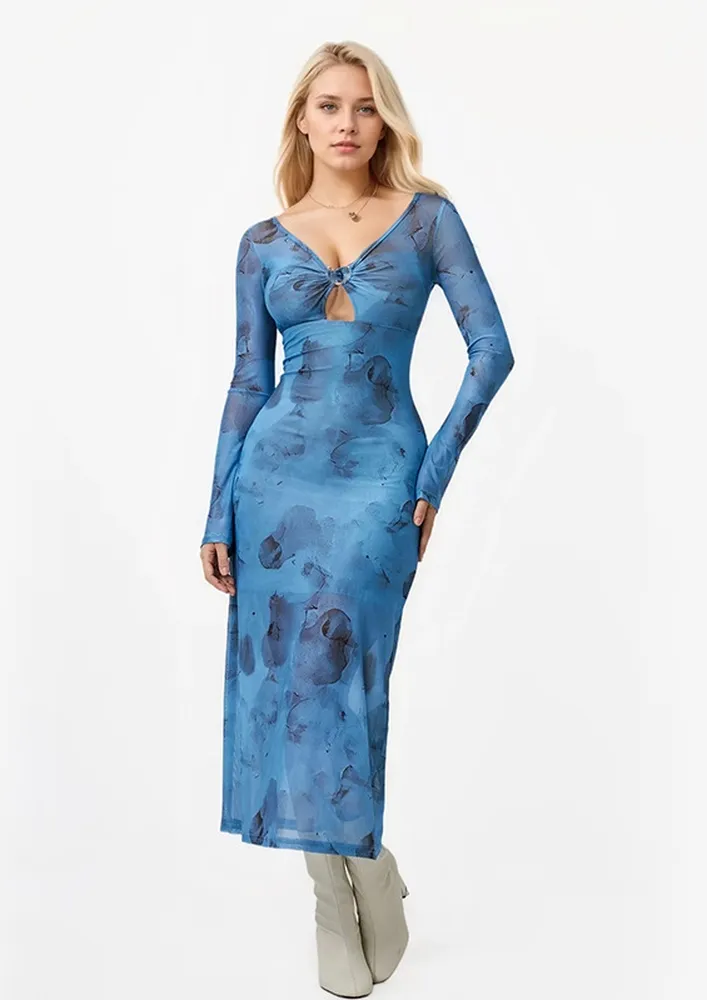 Abstract Print Blue V-neck Dress