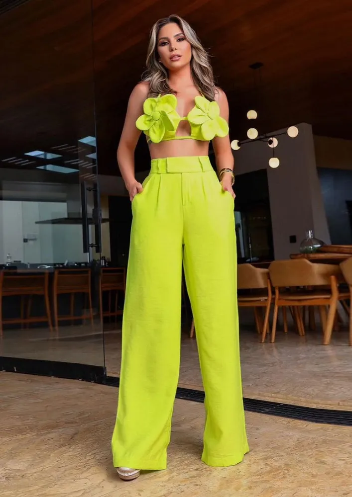 Green Floral Bralette Top W/ Straight Trousers