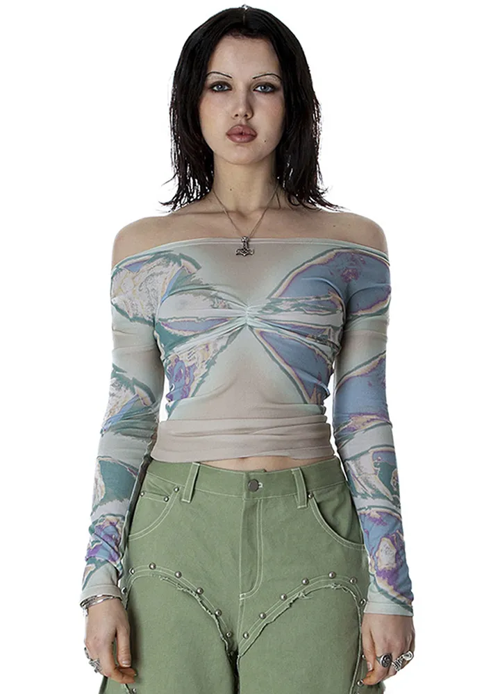 Y2k Blue Printed Off-shoulder Top