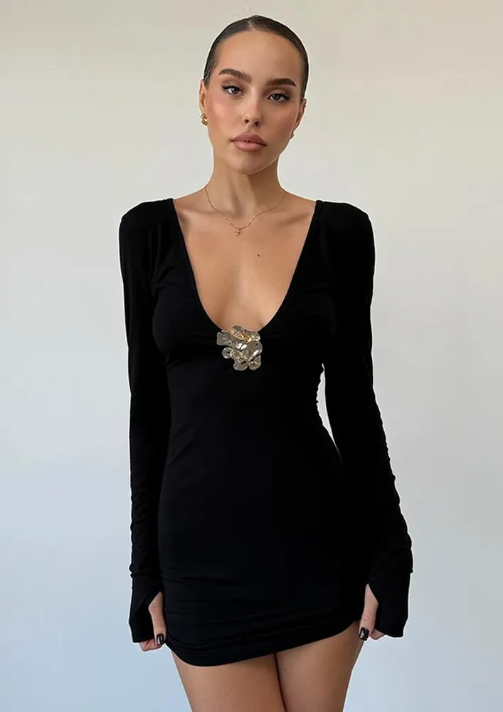 Black Metallic Applique Bodycon Dress