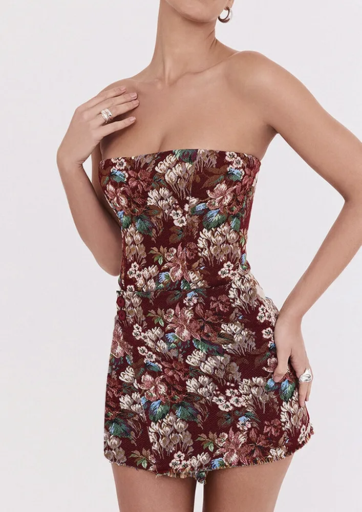 Printed Claret Sheath Bandeau Dress