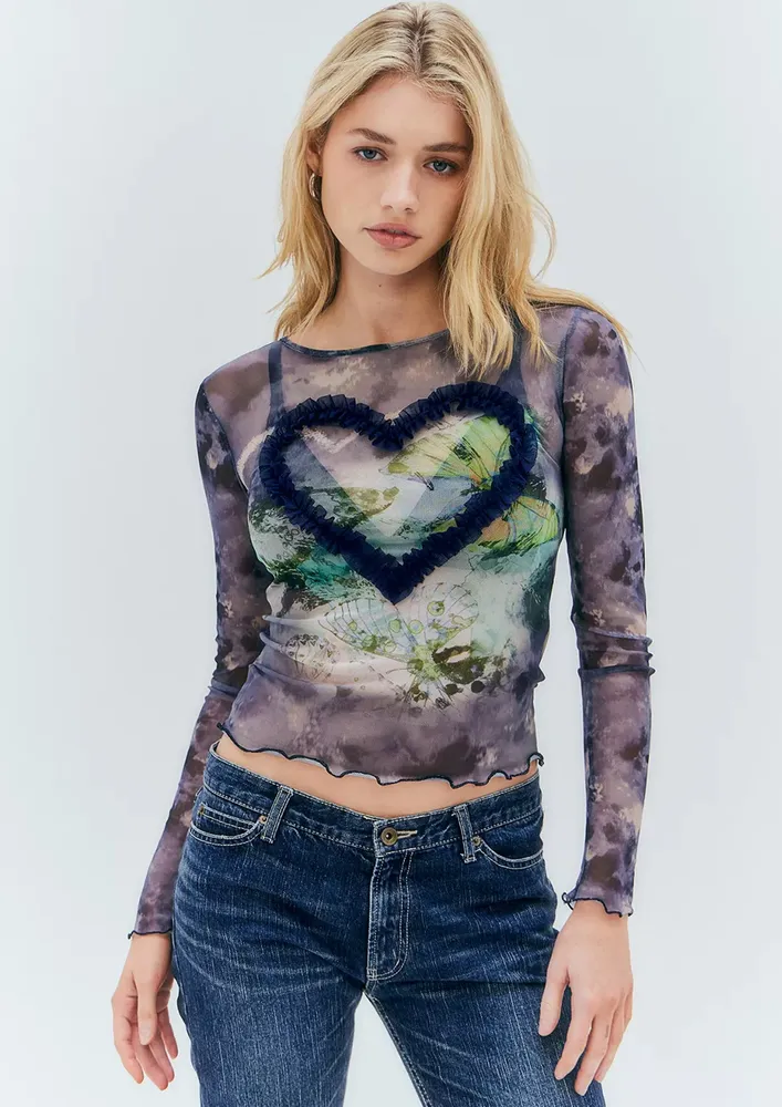 Dark Blue Heart-shaped Ruffle Detail Top