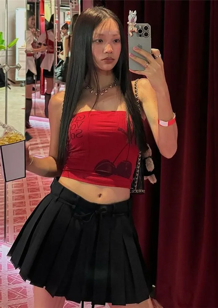 Red Cherry Graphic Strapless Tube Top
