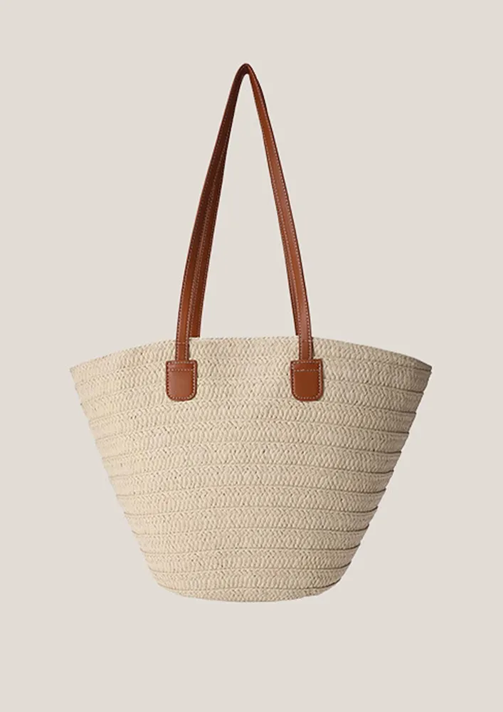 STRAW KNIT GEOMETRIC OFF-WHITE TOTE BAG