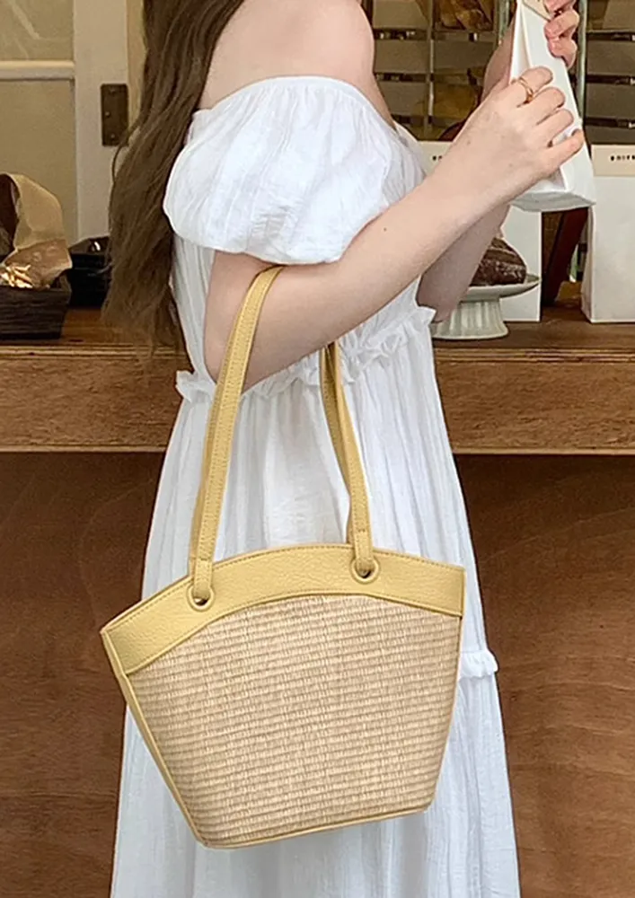 YELLOW CONTRAST STRAW KNIT TOTE BAG